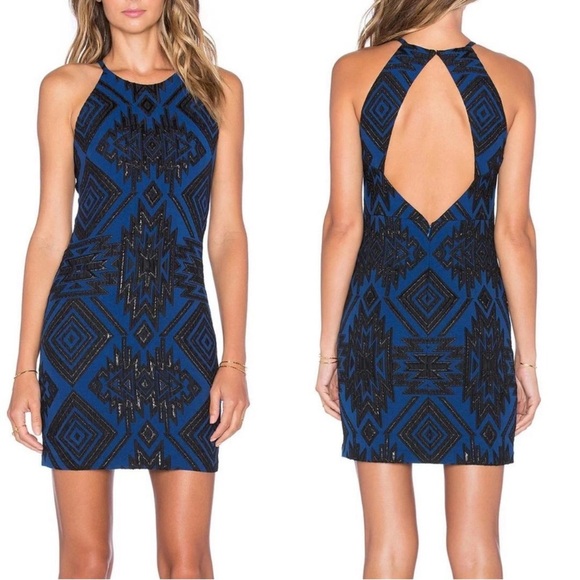 Parker Blue and Black Backless Halter Cocktail Dress - Picture 1 of 16